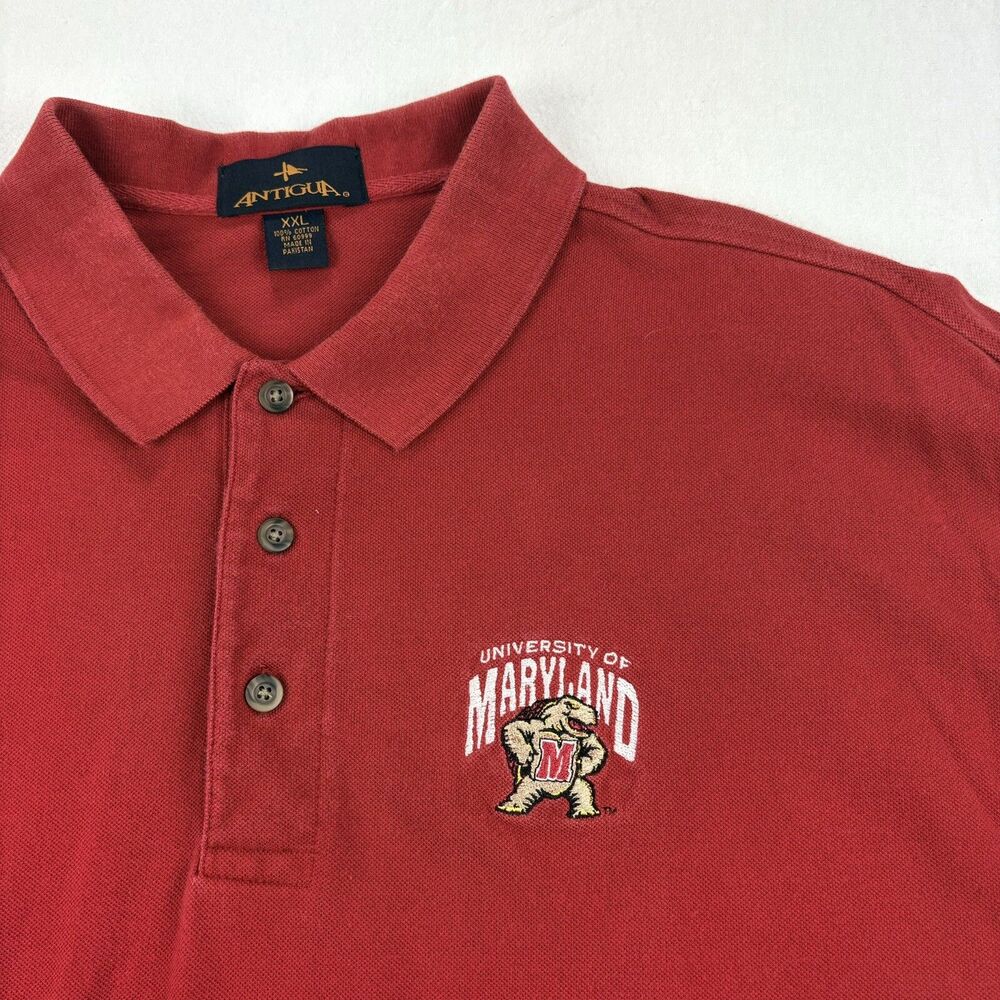 Vintage University Of Maryland Terps Polo Shirt Mens 2XL Red 100% Cotton Antigua